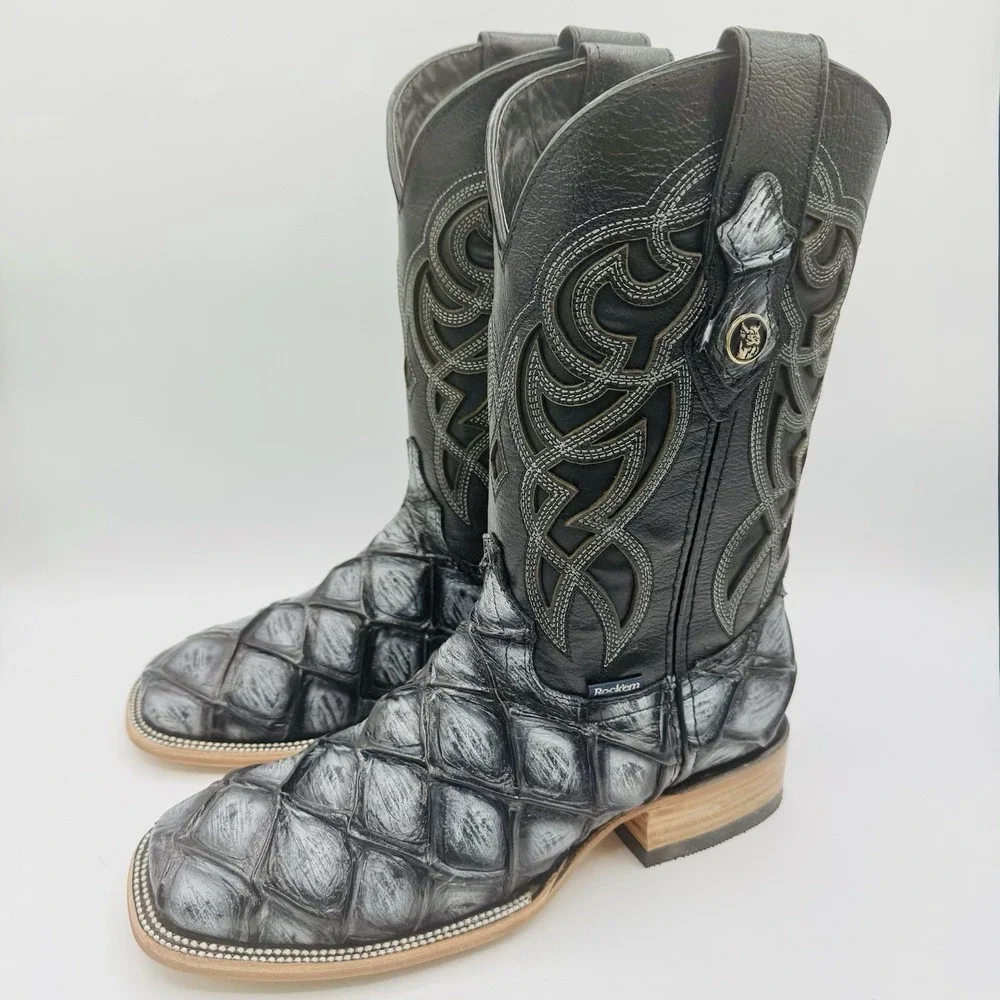Rock'em Big Bass Print Boots Men's Size 7.5 EE‎ Black Leather  Square Toe